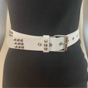 White PU leather silver tone studded belt